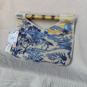 Beaded Blue & Cream Bamboo-Handle Tote